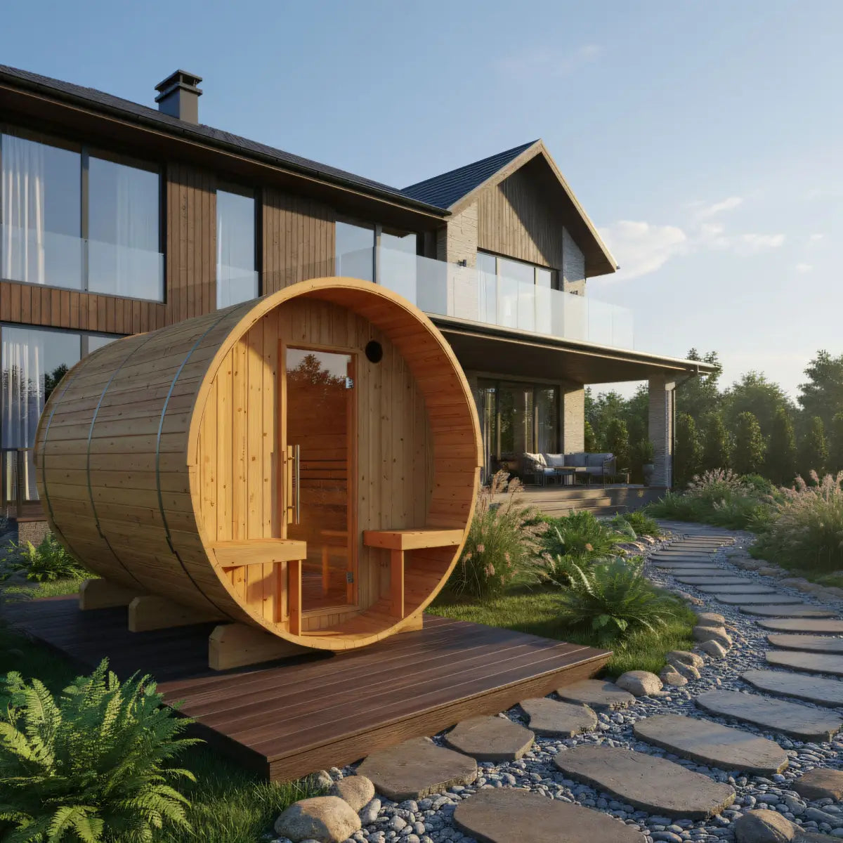 Turku 6-Person Barrel Sauna with Terrace & WiFi Heater